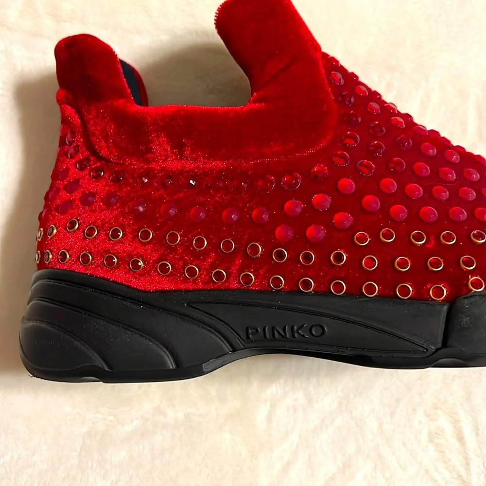 PINKO. Red Rhinestone and Studded High-Top Sneakers. NWOT. Size 39/8 Italy